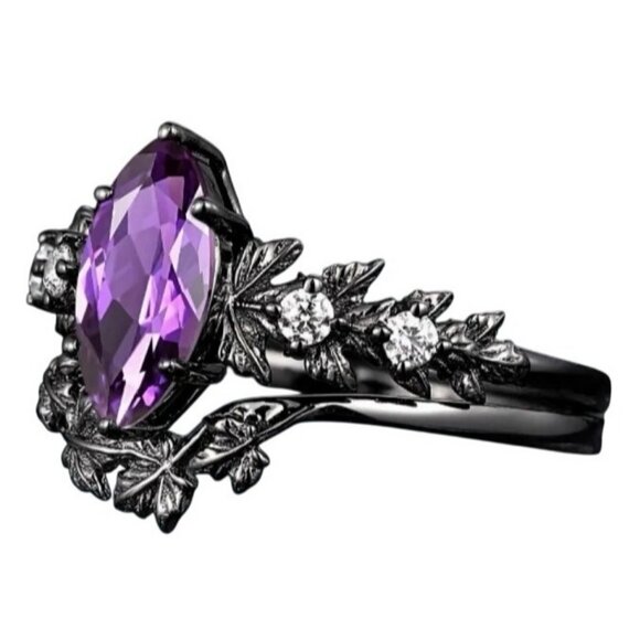 2 piece Marquise Cut Natural Amethyst Engagement Wedding Ring Set in Rhodium - Picture 3 of 3